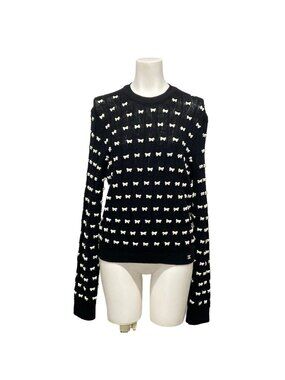 Chanel Long Sleeve Sweater Black White Crew Neck Ribbon Wool